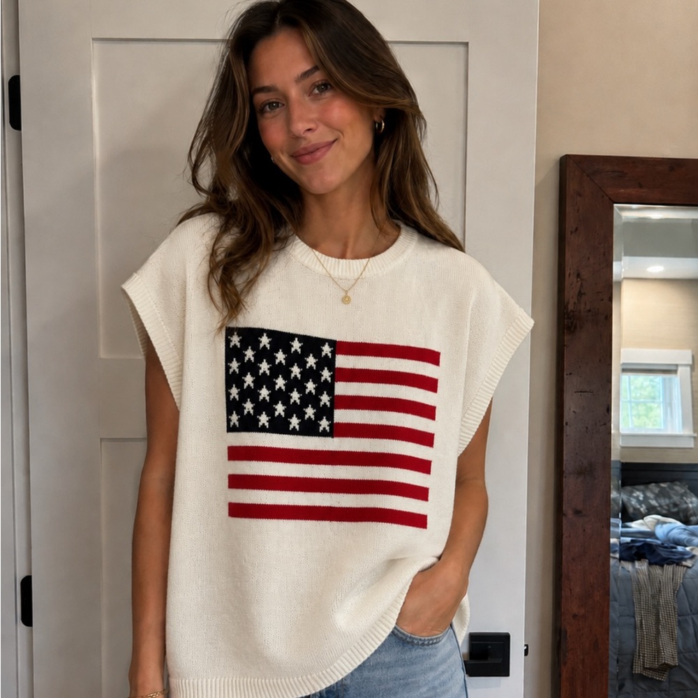 Absolutely NWOT Sleeveless Knit Top with Red and Blue Flag Graphic